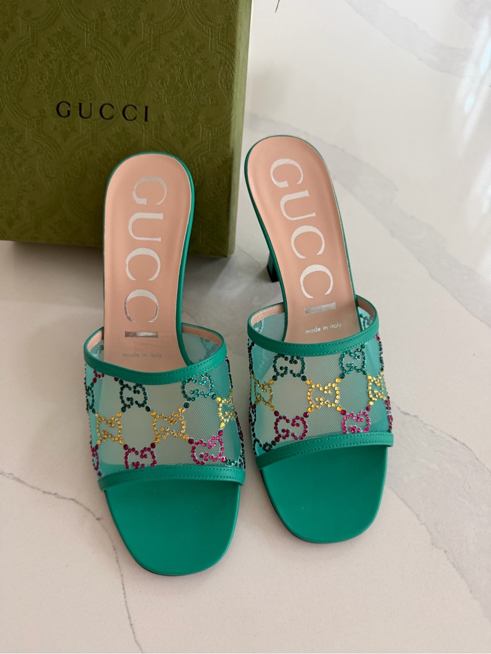 Gucci Teal Mesh Crystal-Heel Slide Sandals
